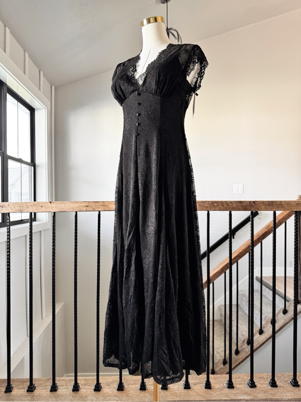 Sz L Popilush Black Shapewear Boho Floral Lace Front Slit Maxi Dress NWT
